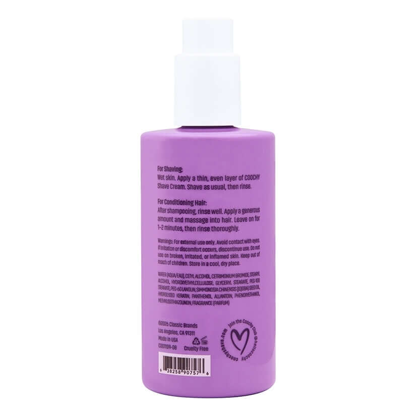 Coochy Shave Cream Flirty Blooms 8 Oz instructions for shaving and conditioning hair on purple bottle.