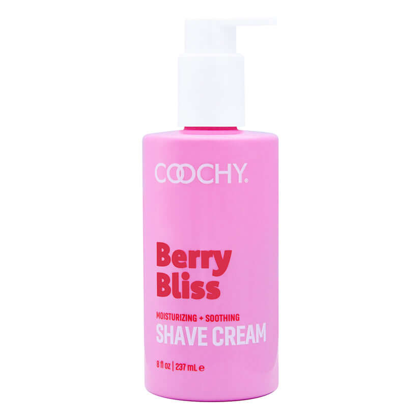 Coochy Shave Cream Berry Bliss 8 Oz bottle featuring a moisturizing and soothing formula for a smooth shave.