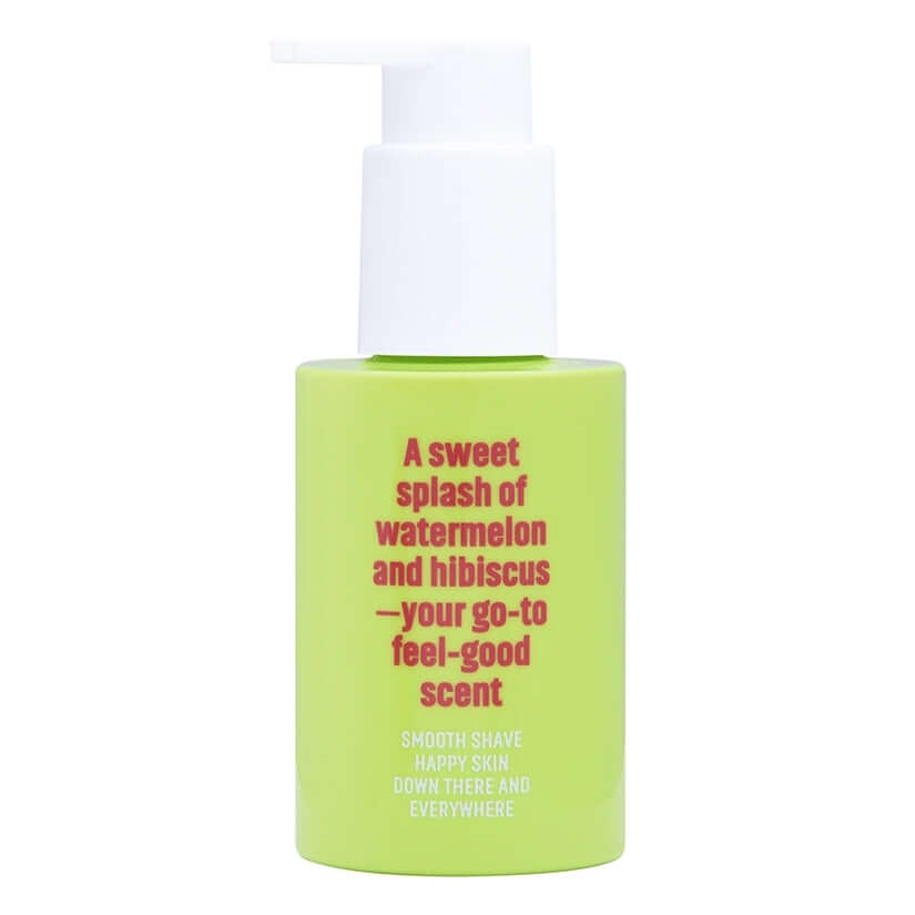 Coochy Shave Cream Melon Madness 3.4 Oz in a vibrant green bottle, featuring watermelon and hibiscus scent.