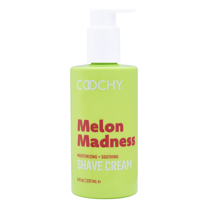 Coochy Shave Cream Melon Madness 8 Oz bottle with moisturizing and soothing formula for a smooth shave.