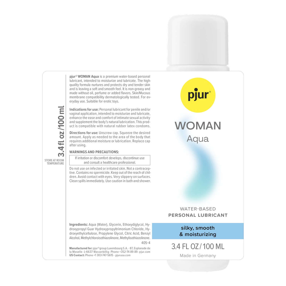 Pjur Woman Aqua Water-based Lubricant 100 ml bottle with clear design and moisturizing label.