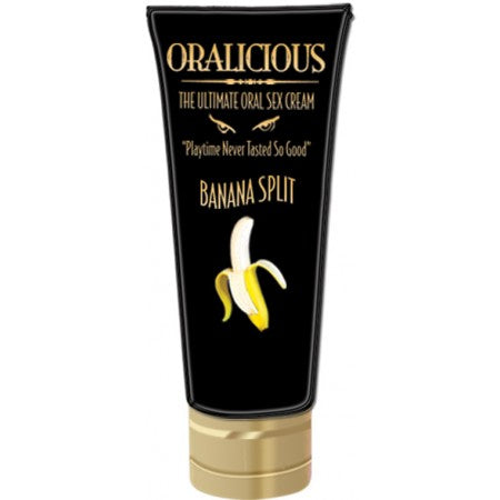 Oralicious Banana Split Oral Sex Cream 2 oz tube for indulgent oral play with a sweet banana split flavor.