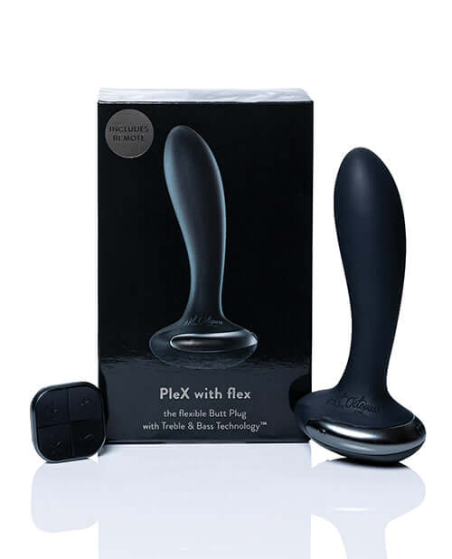 Hot Octopuss PleX with Flex Butt Plug Black packaging and remote control on display.
