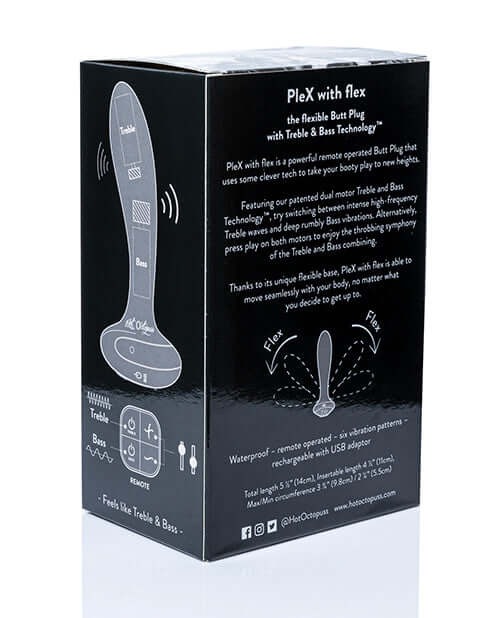 Hot Octopuss PleX with Flex Butt Plug Black packaging with user instructions and features overview.