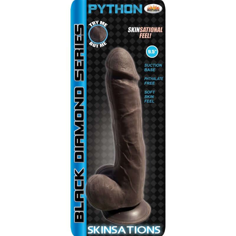 Skinsations Python 9.5 inches Black Diamond Series realistic dildo showcasing suction base and soft skin feel.