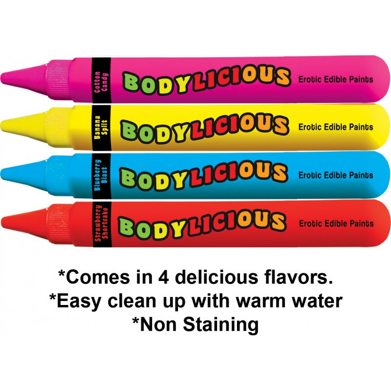 Bodylicious Edible Body Pens 4 Pack Assorted Flavors with vibrant colors and fun flavors for playful intimacy.