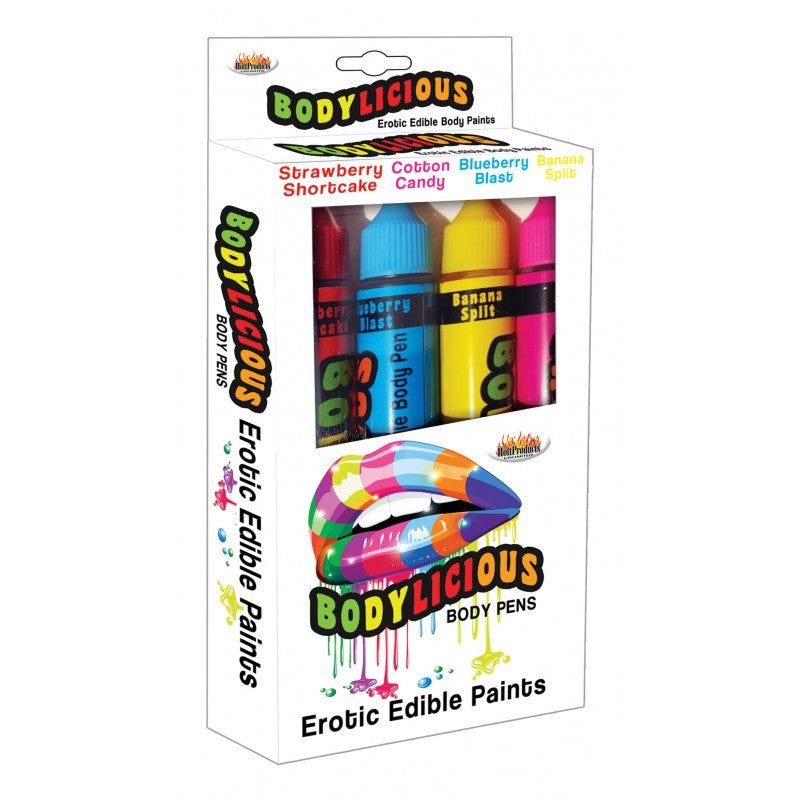 Bodylicious Edible Body Pens 4 Pack Assorted Flavors with fruity colors and flavors for intimate creative fun.