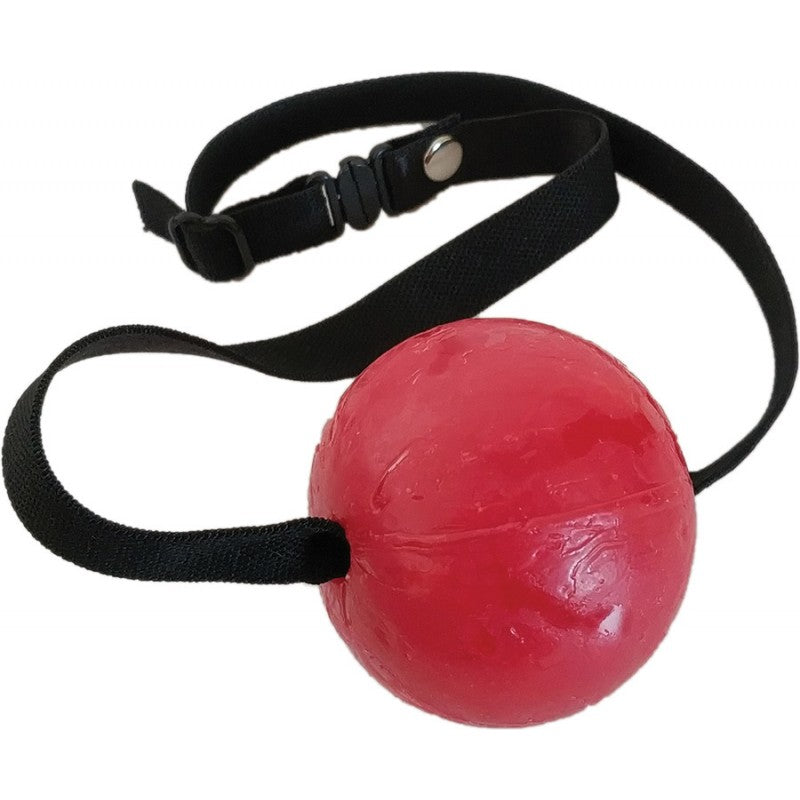 Hott Products Candy Ball Gag Strawberry Flavored with a red candy ball and adjustable strap for playful role play.