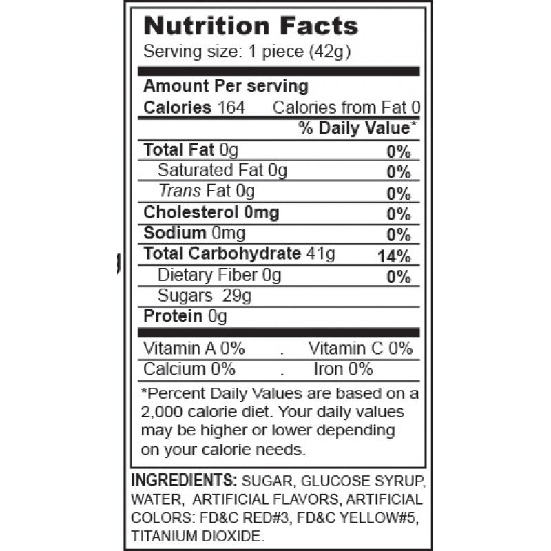 Nutrition facts label for Hott Products Candy Ball Gag Strawberry Flavored, showing calories and ingredient details.