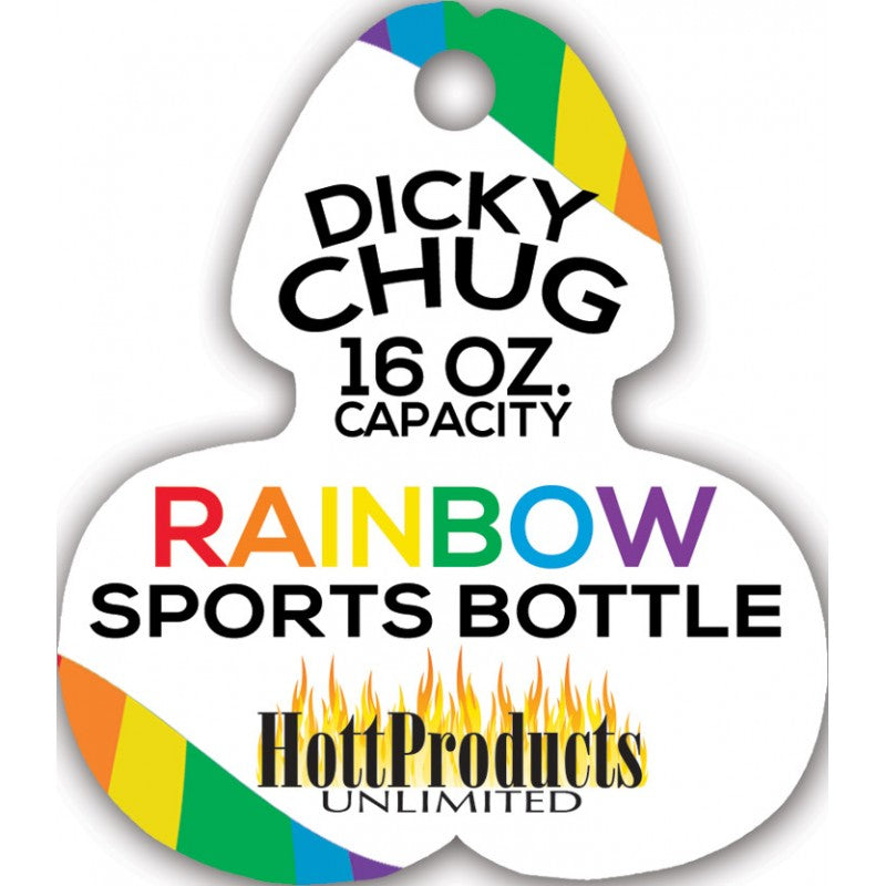 Rainbow Dicky Chug Sports Bottle 16 Ounces tag showing capacity and colorful design for fun hydration.