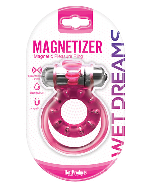 Wet Dreams Magnetizer Vibrating Cock Ring Pink in packaging with magnet balls and removable bullet for stimulation.