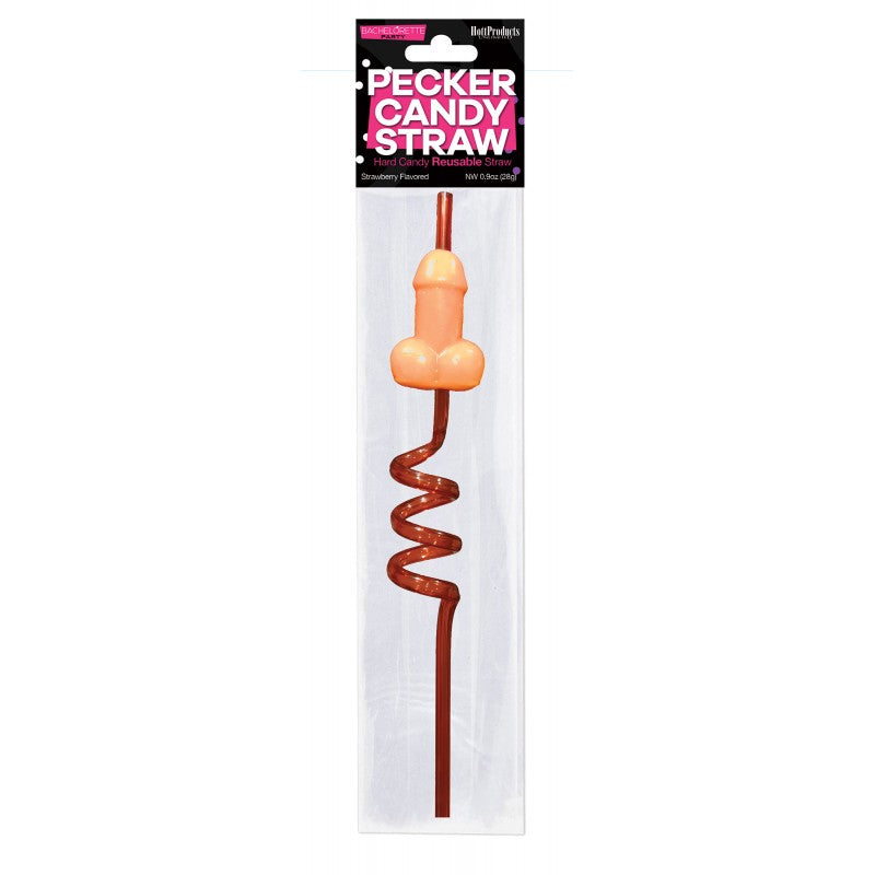 Pecker Candy Straw Strawberry Flavored Lollipop with reusable swizzle straw and cheeky design.