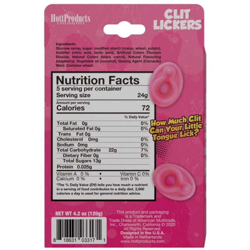 Clit Lickers Vagina Shaped Gummies nutrition facts on bright pink packaging with playful tongue-in-cheek design.