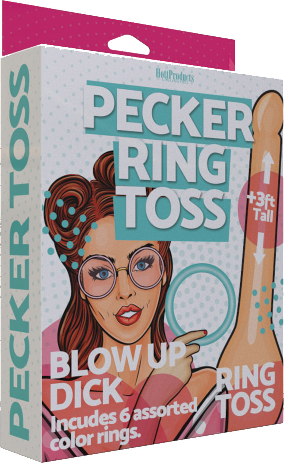 Hott Products Inflatable Pecker Ring Toss Game packaging with colorful graphics, includes rings for bachelorette fun.