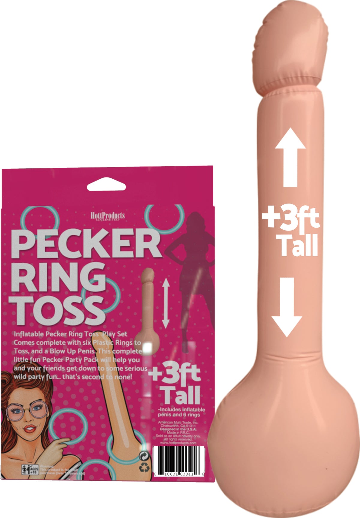 Hott Products Inflatable Pecker Ring Toss Game packaging with 3ft tall inflatable penis and toss rings.