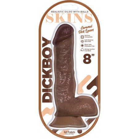 Dickboy Skins 8 Inch Suction Cup Dildo Caramel packaging featuring a realistic dildo with balls.