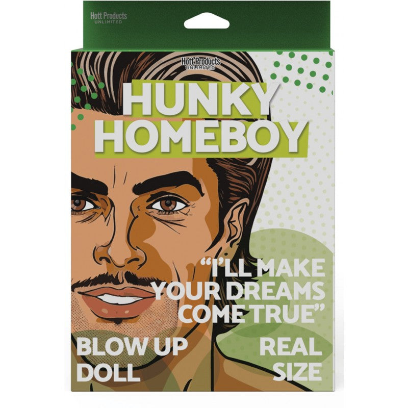 Hott Products Hunky Homeboy Blow Up Male Love Doll packaging featuring a smiling cartoon male character.