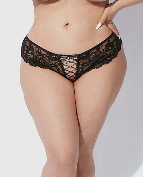 Bella Lace Up Tanga Panty Jewel Detail Black 3X 4X in stretch lace with crisscross design and scalloped back