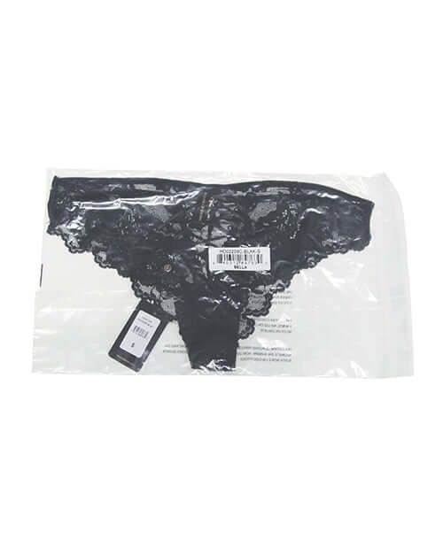 Bella Lace Up Tanga Panty Jewel Detail Black 3X 4X in packaging showcasing lace design