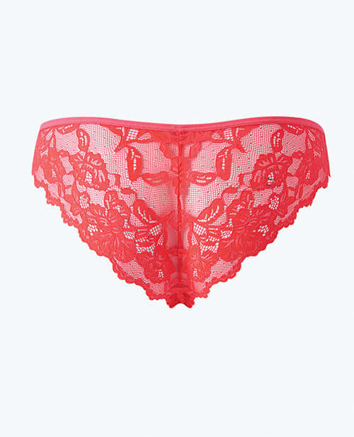 Bella Lace Up Tanga Panty Jewel Detail Coral XL in lace design showcasing a playful crisscross back.