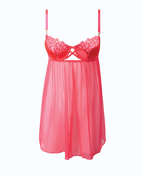 Eden Mesh Chemise Mini Dress with Keyhole Cutout Coral 3X 4X featuring lace cups and sheer skirt.