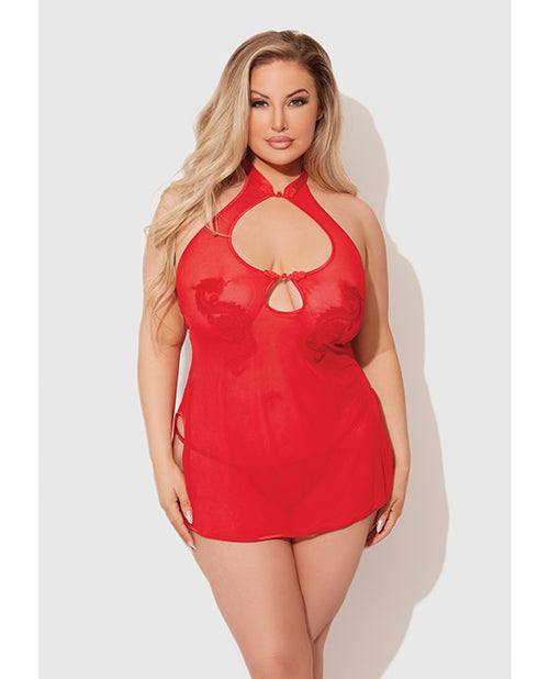 Dragon Mesh Applique Chemise G-String Set Red 3X 4X featuring sheer mesh and playful design on a model.