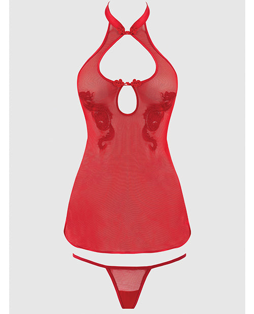 Dragon Mesh Applique Chemise G-String Set Red 3X 4X featuring sheer mesh and stylish dragon appliques.