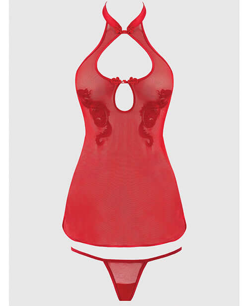 Dragon Mesh Applique Chemise G-String Set Red 3X 4X featuring sheer mesh and stylish dragon appliques.