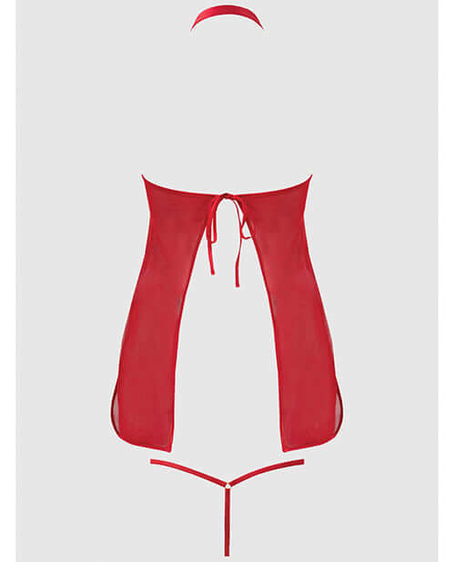 Dragon Mesh Applique Chemise G-String Set Red 3X 4X featuring a sheer mesh design and open back.