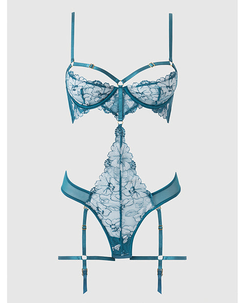 Nova Lace Teddy with Garters Jade Blue Medium featuring delicate lace and strategic cutouts for a flattering silhouette.