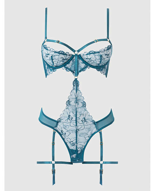 Nova Lace Teddy with Garters Jade Blue Medium featuring delicate lace and strategic cutouts for a flattering silhouette.