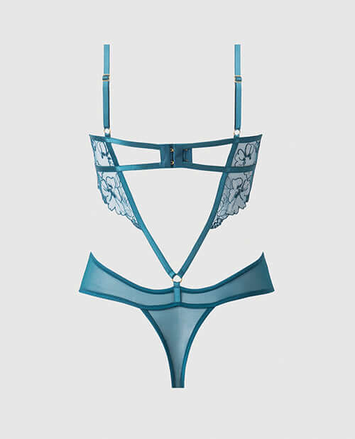 Nova Lace Teddy with Garters Jade Blue Medium showcasing lace and mesh design with strategic cutouts.