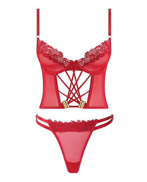 Ashley Alexiss Lace Up Bustier & Thong Set Red 1X 2X featuring lace-up detailing and high-cut thong.