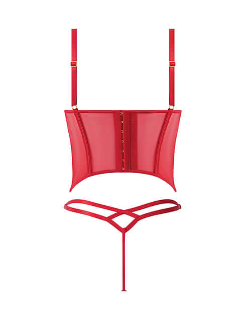 Ashley Alexiss Lace Up Bustier & Thong Set Red 1X 2X, featuring lace-up detail and soft mesh fabric.
