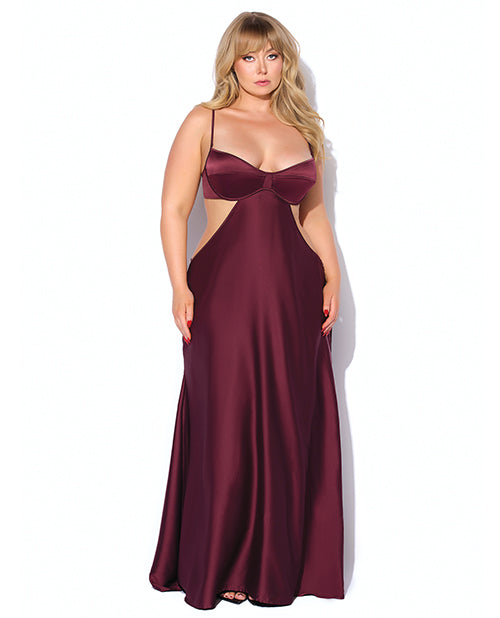 Brigeta Satin Cut Out Long Dress Burgundy 1X 2X shown on model, featuring a sweetheart neckline and dramatic long silhouette.