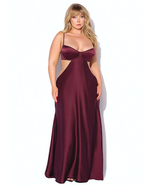 Brigeta Satin Cut Out Long Dress Burgundy 1X 2X shown on model, featuring a sweetheart neckline and dramatic long silhouette.