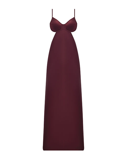 Brigeta Satin Cut Out Long Dress Burgundy 1X 2X featuring sweetheart neckline and satin fabric.