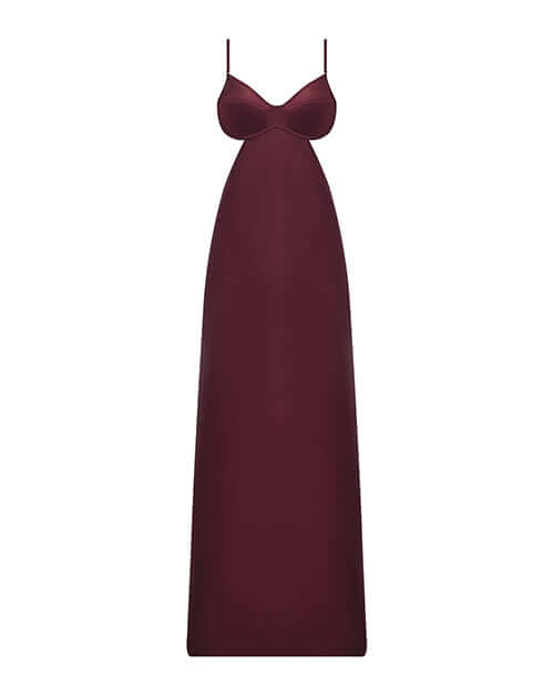 Brigeta Satin Cut Out Long Dress Burgundy 1X 2X featuring sweetheart neckline and satin fabric.