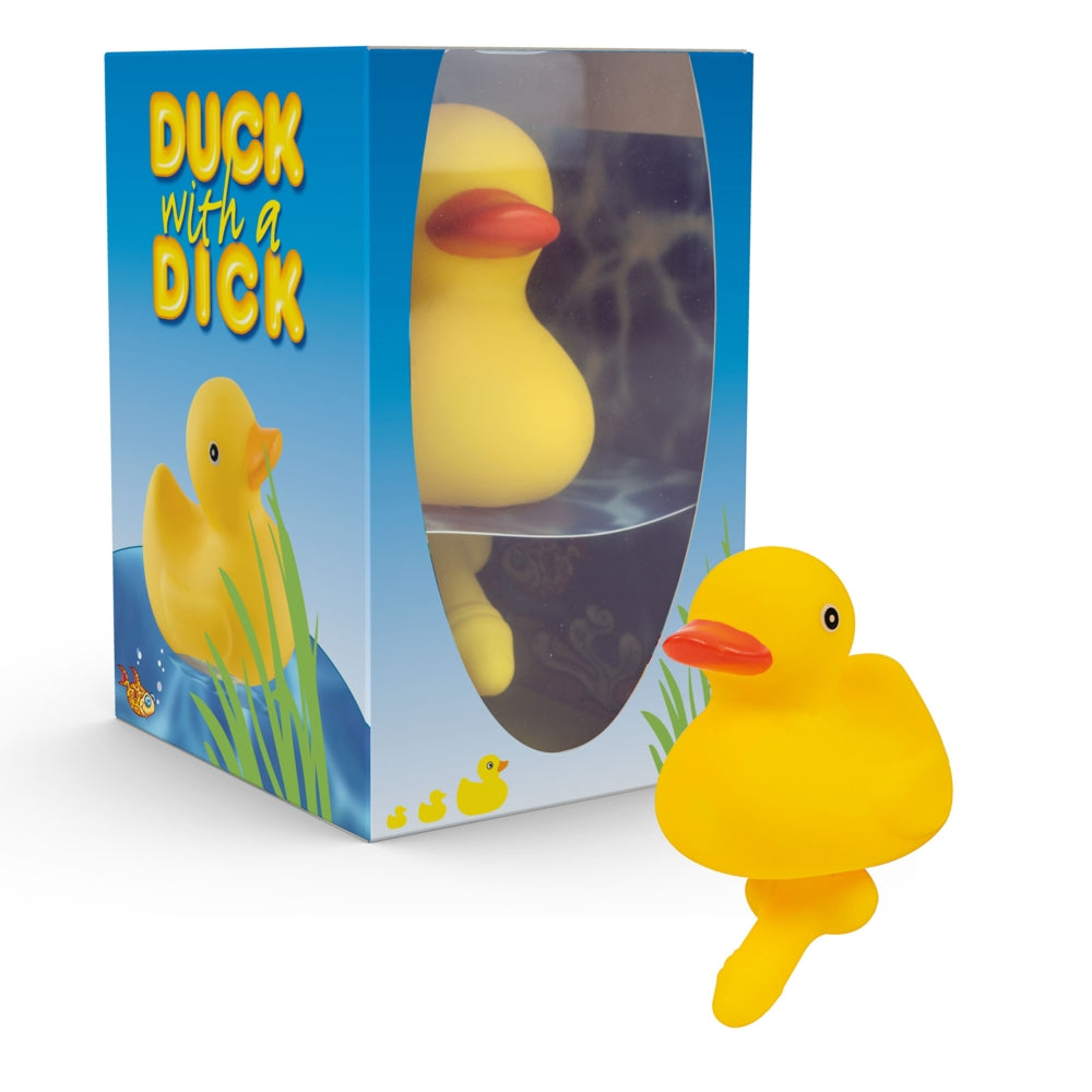 Hott Products Duck With A Dick Rubber Bath Novelty featured with packaging, perfect for gag gifts and parties.