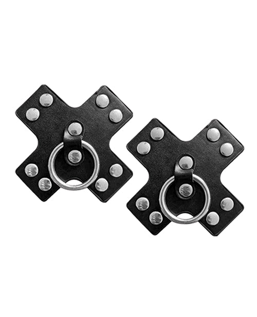 Nipplicious Seducer Leather Pasties with Ring Black showcasing bold design and metal accents.