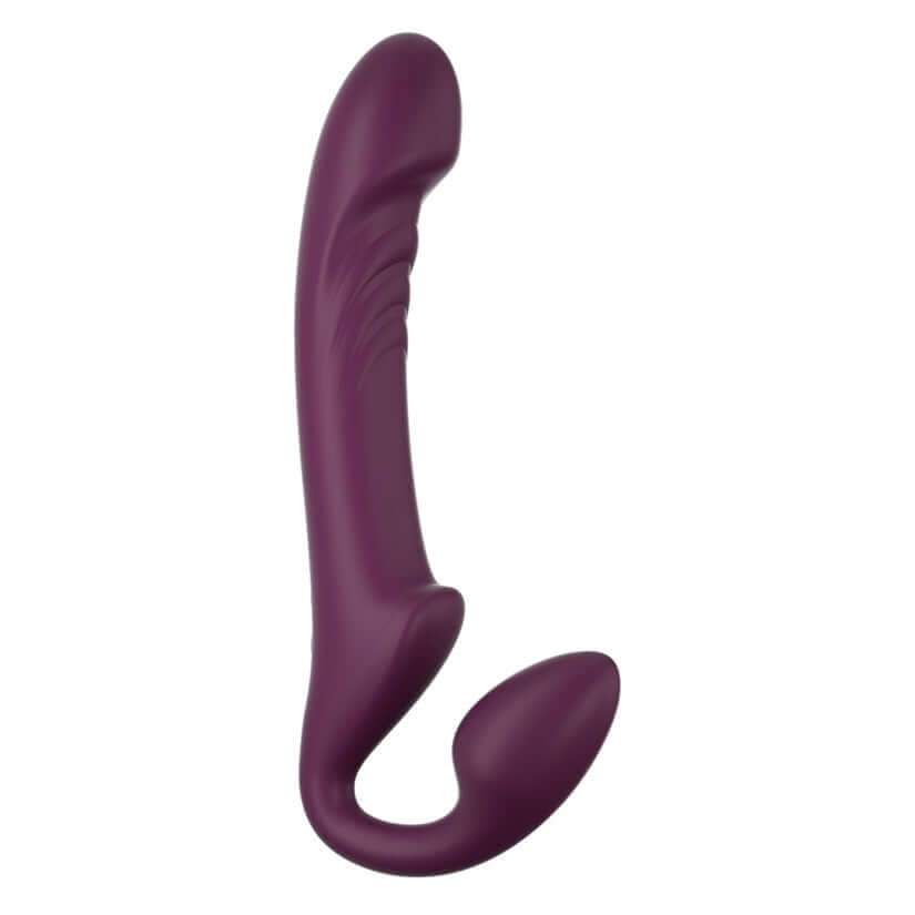 Honey Play Box Bliss Rotating Strapless Strap On in deep purple with a curved tip for enhanced pleasure.