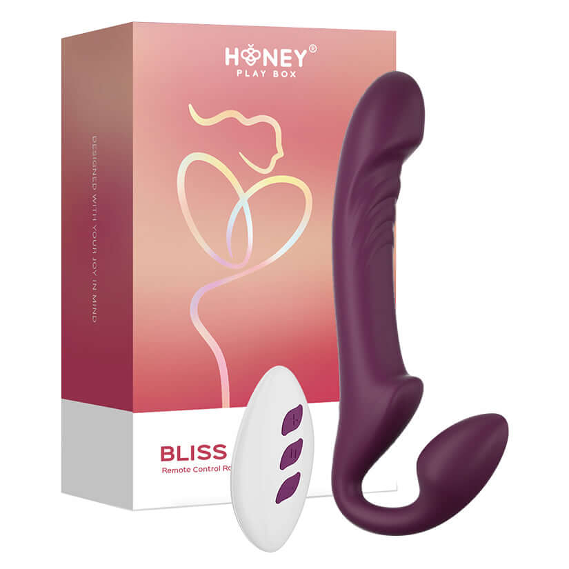Honey Play Box Bliss Rotating Strapless Strap On with remote control and elegant packaging.