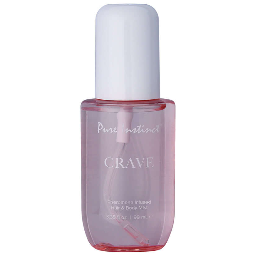 Pure Instinct Pheromone Hair & Body Mist Crave 3.35 Oz bottle in pink with white cap.