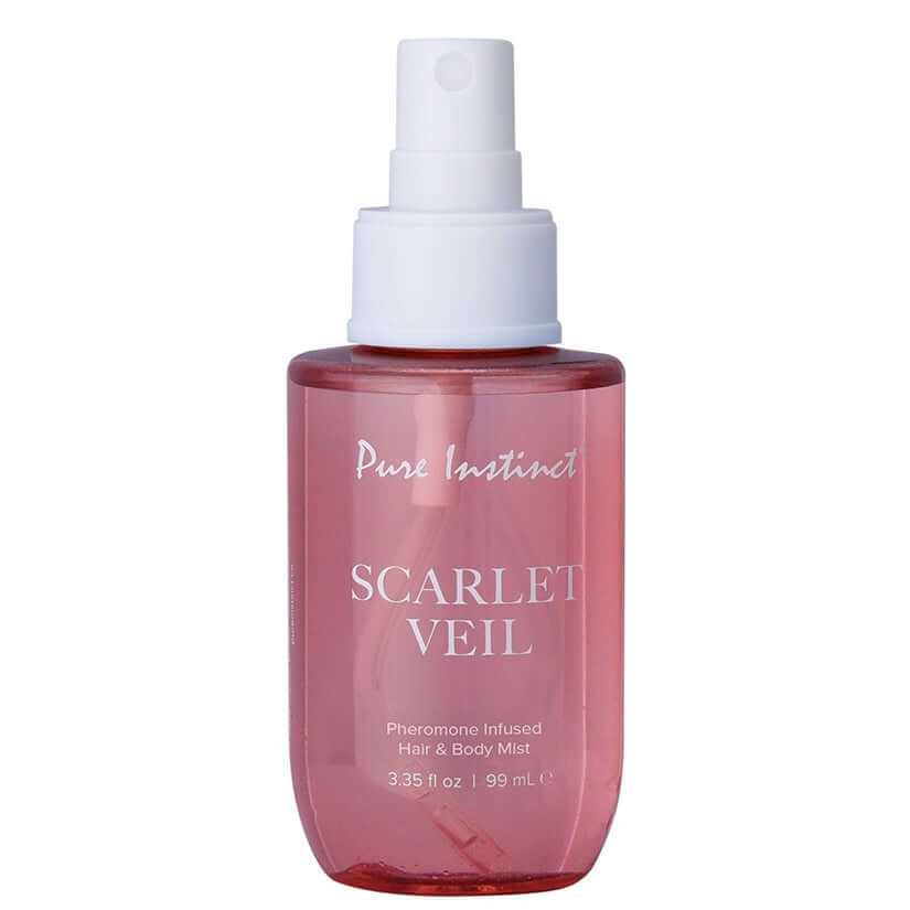 Pure Instinct Pheromone Hair & Body Mist Scarlet Veil 3.35 Oz in a spray bottle, showcasing its elegant design.