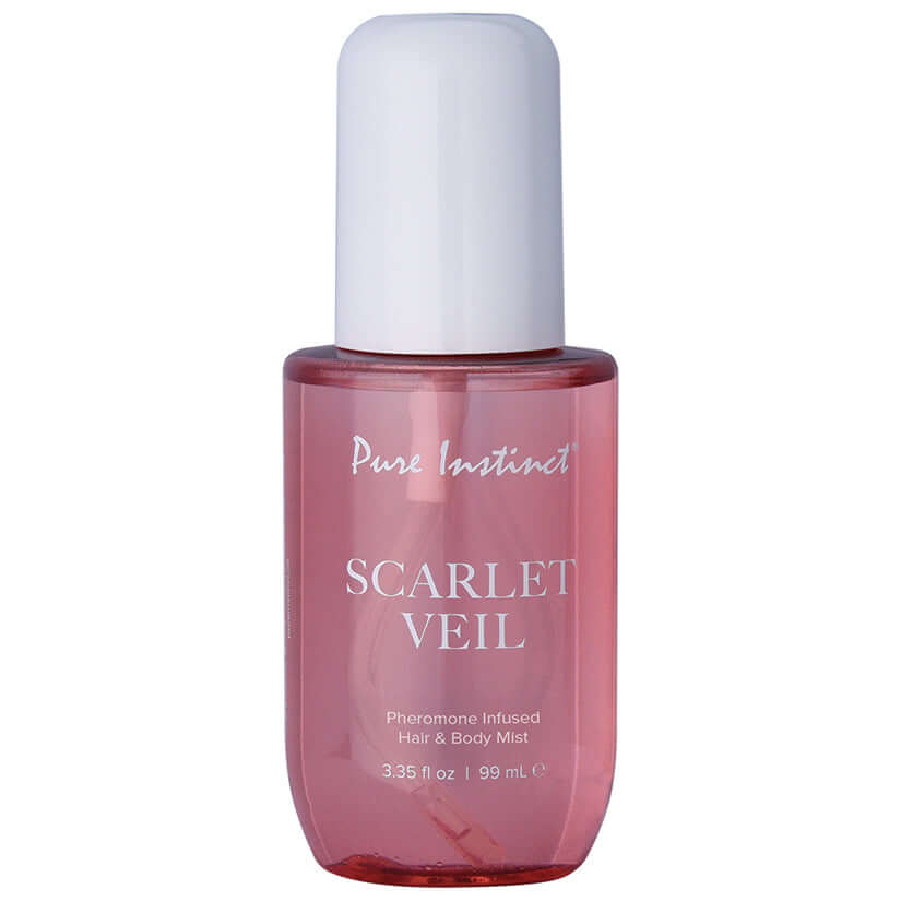 Pure Instinct Pheromone Hair & Body Mist Scarlet Veil 3.35 Oz bottle with a pink design.
