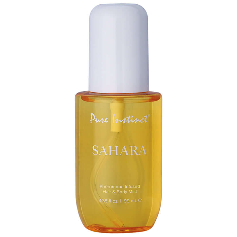 Pure Instinct Pheromone Hair & Body Mist Sahara 3.35 Oz in a clear bottle with white cap