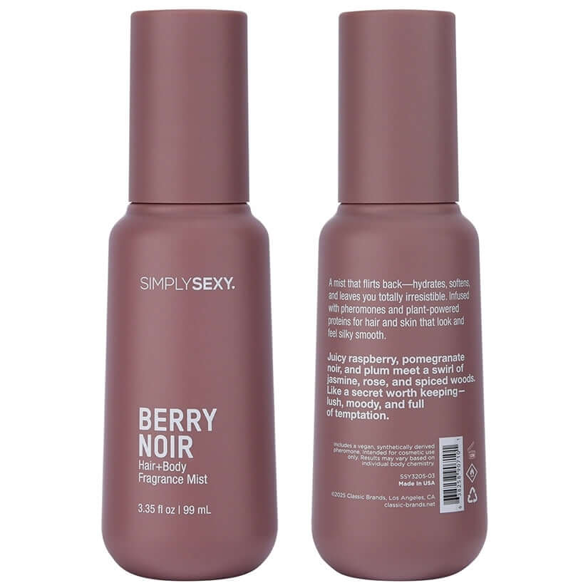Simply Sexy Pheromone Hair & Body Fragrance Mist Berry Noir 3.35 Oz in a sleek bottle design, showcasing its rich, captivating scent.