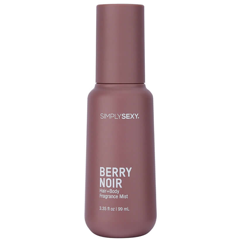 Simply Sexy Pheromone Hair & Body Fragrance Mist Berry Noir 3.35 Oz in a sleek brown bottle with a modern design.