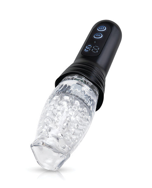 He-Vibe The Original Gluk Gulk Thrusting Oral Masturbator with clear sleeve and control panel.