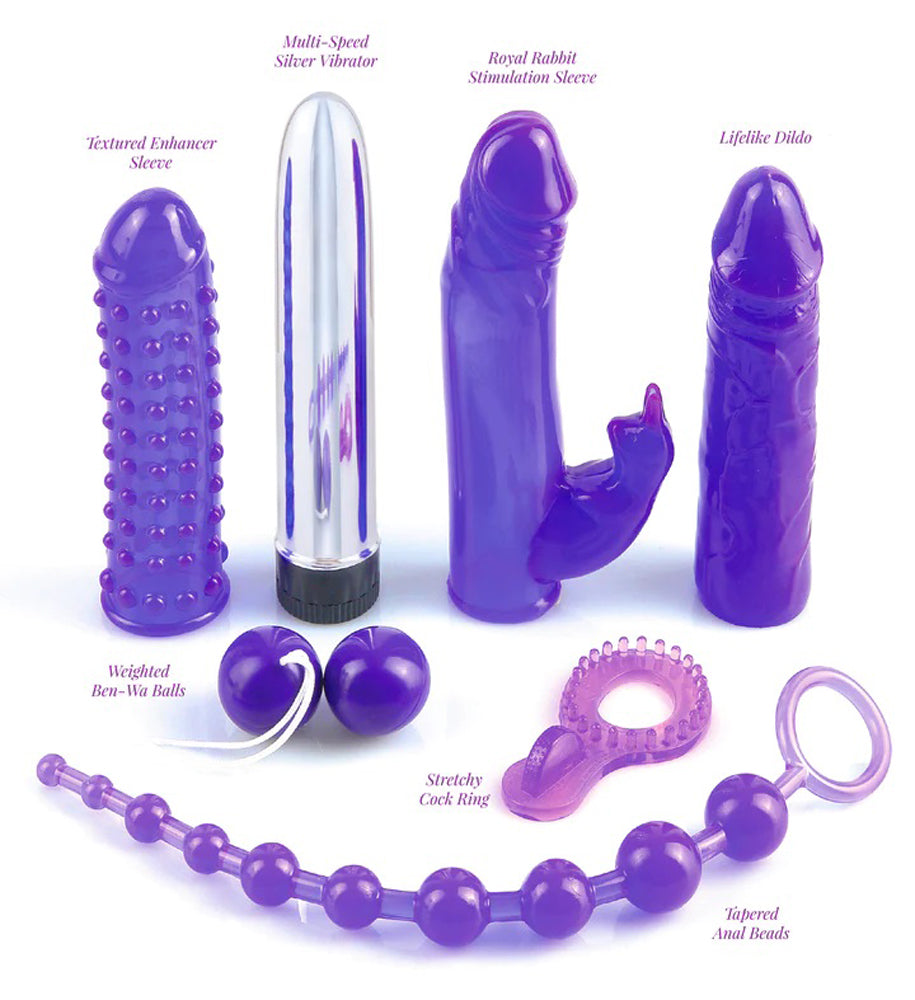 Pipedream Royal Rabbit 7 Piece Vibrating Kit Purple featuring various pleasure items like vibrators and sleeves.